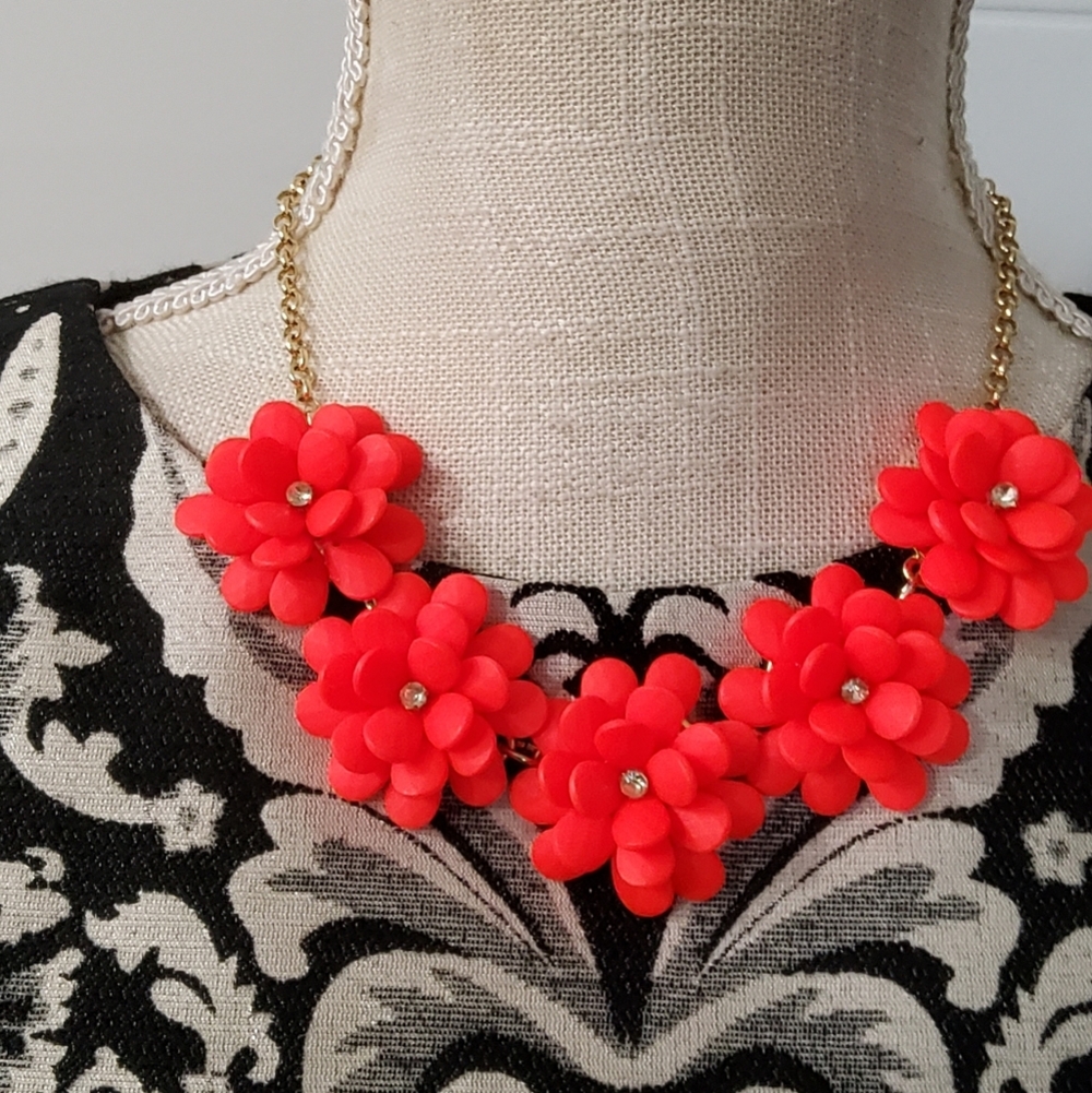 J.Crew Painted Wooden Red Flower and Crystal Necklace